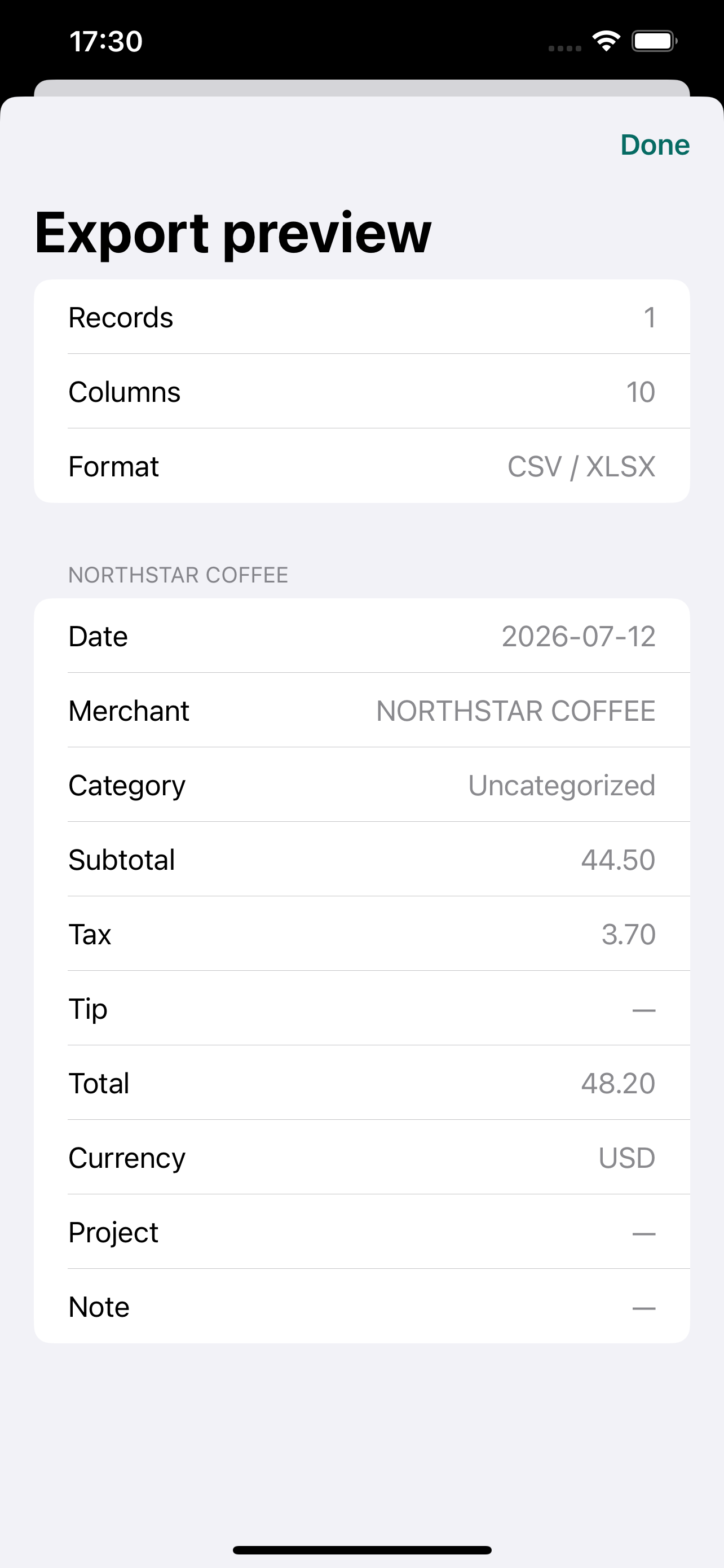 RecordSlip export preview