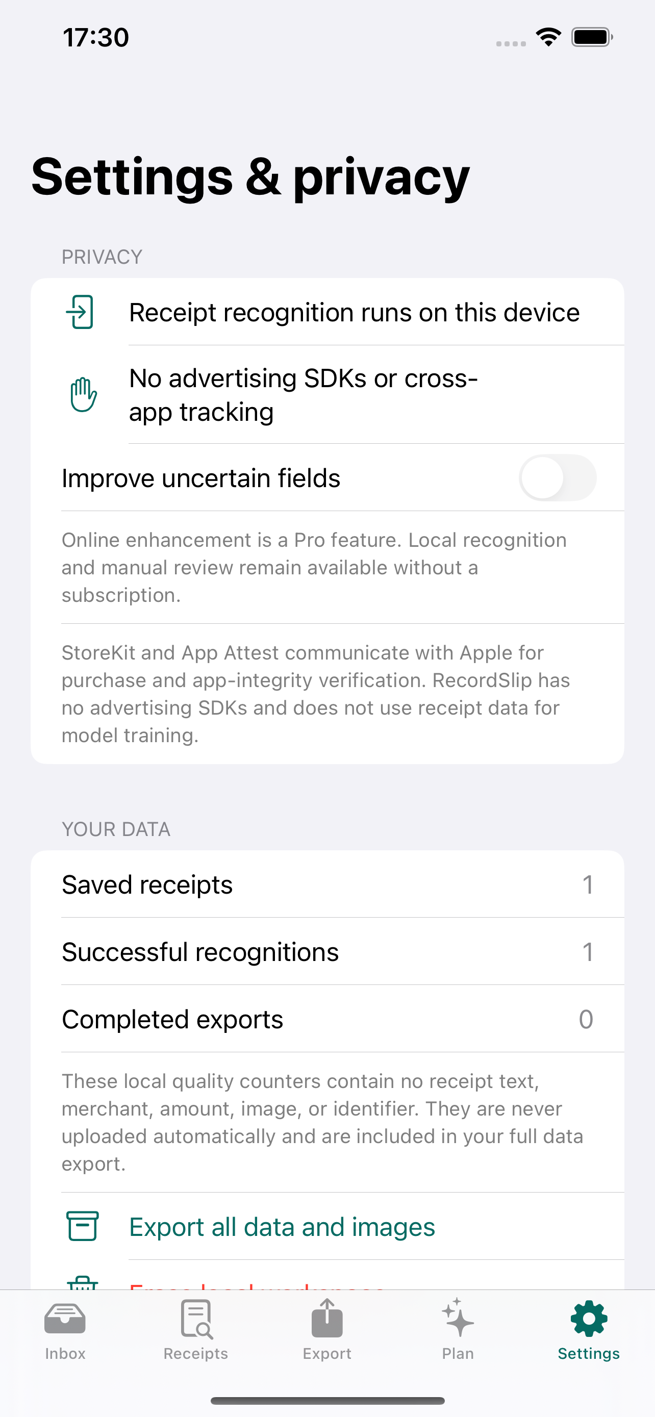 RecordSlip settings and privacy screen